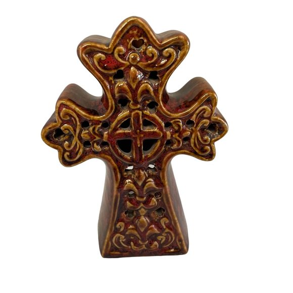 Brown Glazed Ceramic Cross Tea Light Candle Holder Decor 6 x 4 x 2 - Picture 1 of 7
